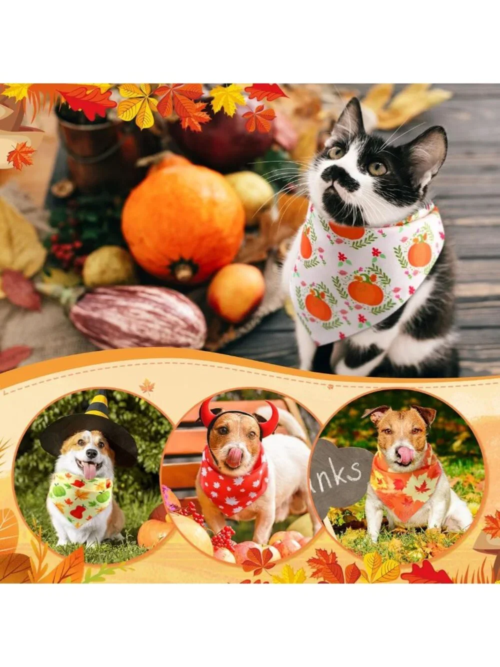 200 Pcs Fall Dog Bandanas - Autumn Pumpkin & Maple Leaves Patterns for Pets